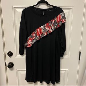 Black 3/4 Sleeve Floral Ruffle Front Top, 3X
